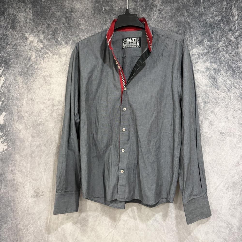 URBANT Men's Size L Gray Micro Check Long Sleeve Button Up Shirt Red Trim Slim